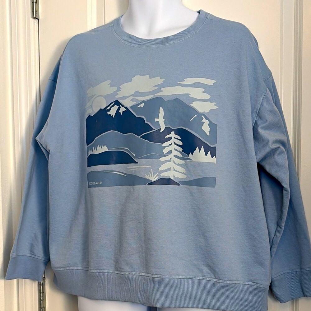 Eddie Bauer Women's Light Blue Crew Neck Pullover Sweatshirt Logo Graphic 2XL